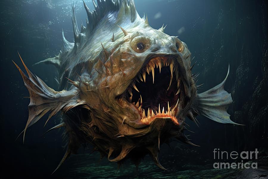 common fangtooth Anoplogaster fish underwater Digital Art by Benny Marty