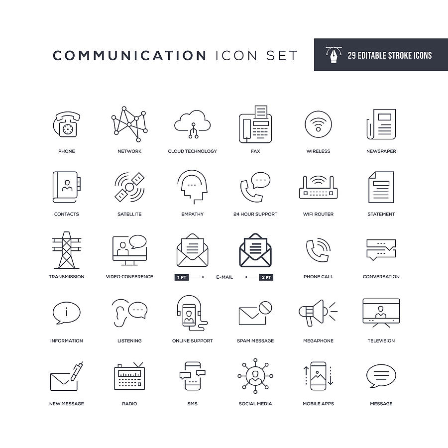 Communication Editable Stroke Line Icons Drawing by Enis Aksoy