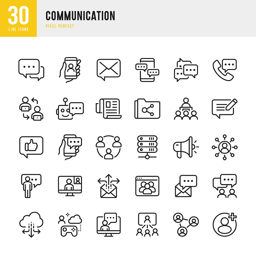 COMMUNICATION - thin line vector icon set. Pixel perfect. The set contains icons: Speech Bubble, Communication, Application Form, Contact Us, Blogging, E-Mail, Telephone, Community. Drawing by Fonikum