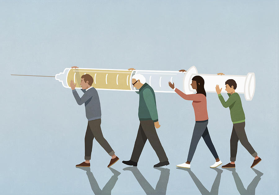 Community carrying large vaccination syringe Drawing by Malte Mueller