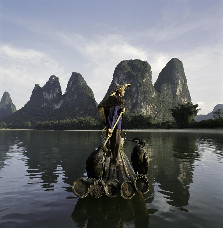 Comorant fisherman standing on bamboo raft Photograph by Martin Puddy