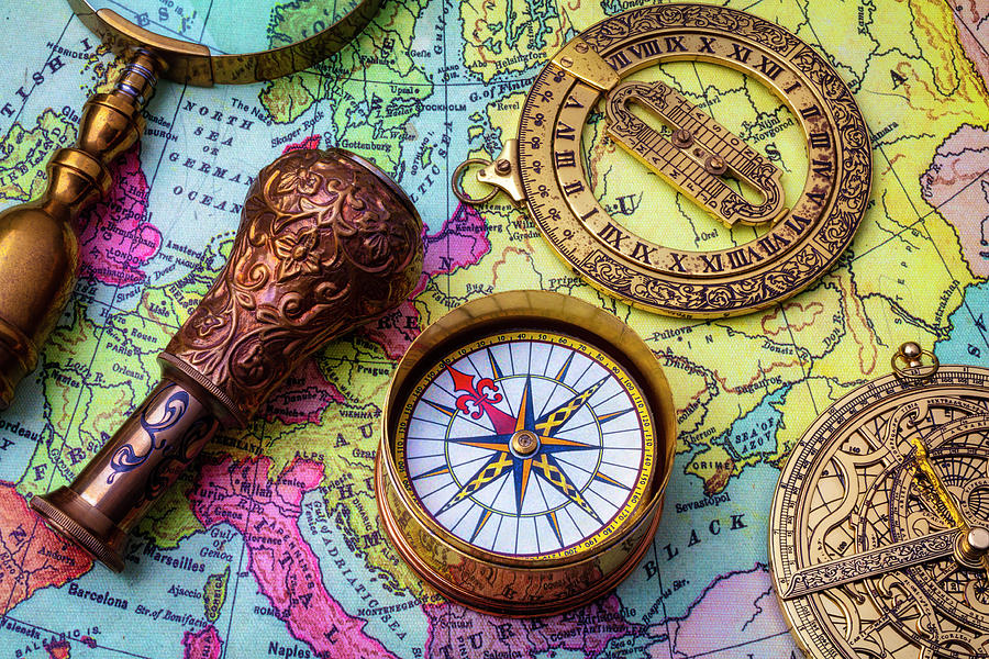 Map Photograph - Compass On Map Of Europe by Garry Gay