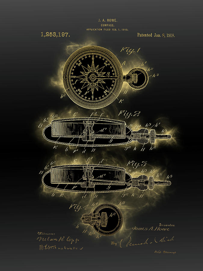 Compass Patent Black Gold Digital Art