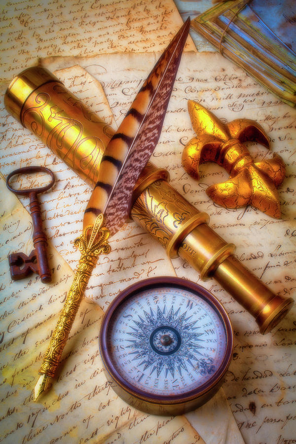 Still Life Photograph - Compass Scope And Pen by Garry Gay