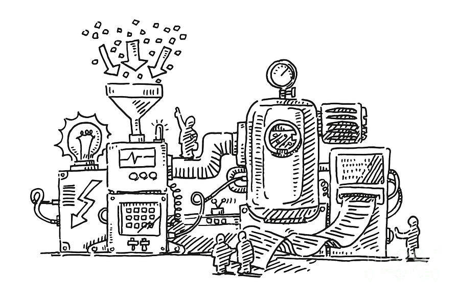 Human Figures Standing In Front Of Complex Machine Drawing by Frank Ramspott