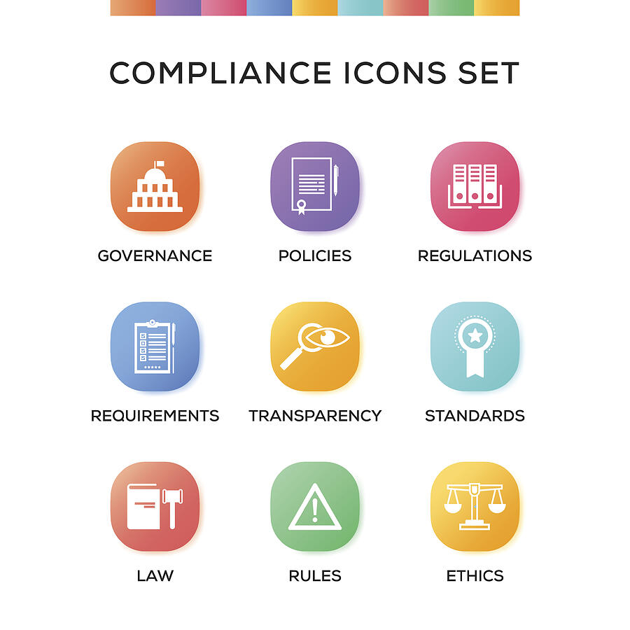 Compliance Icons Set on Gradient Background Drawing by Cnythzl