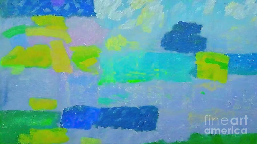 Abstract Painting - Composition 6348 Painting abstract expressionism landscape blue green yellow purple abstract expressionism fields sky water summer abstract acid wash all over allover backdrop background bleed by N Akkash