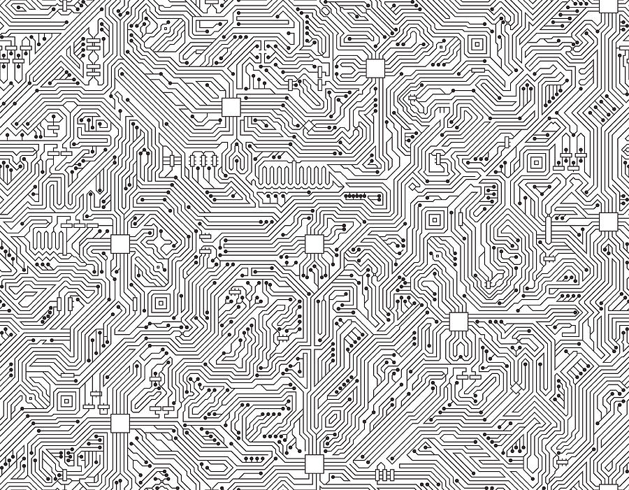 Computer Circuit Board Seamless Black and White Technology Background Drawing by Bubaone