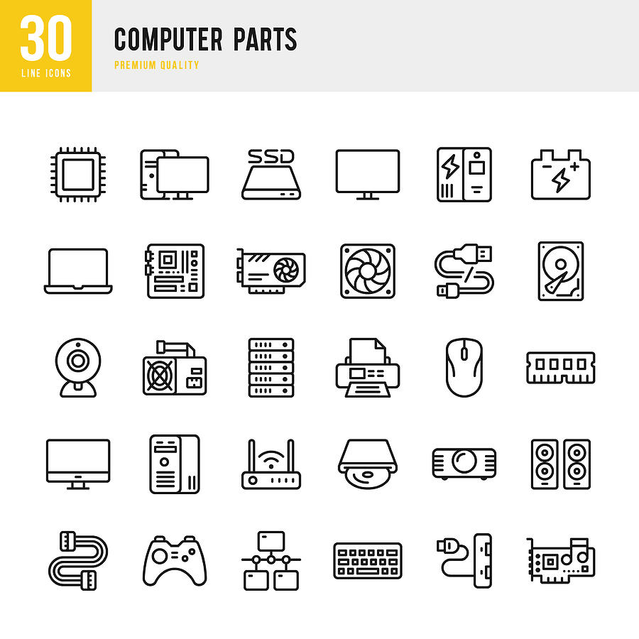 Computer Parts - set of line vector icons Drawing by Fonikum