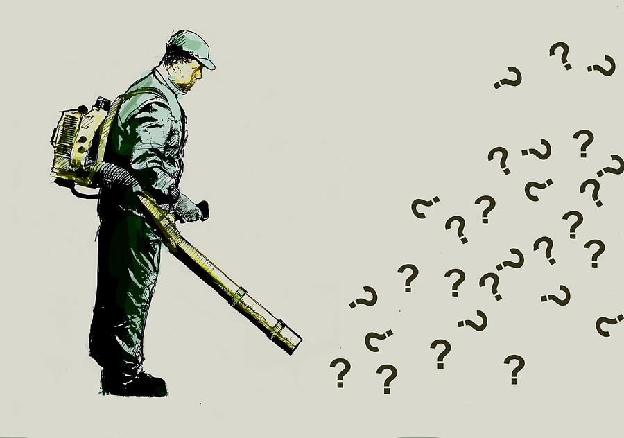 Concept Image Of A Man With A Leaf Blower Blowing Away Questions Representing Problem Solving Drawing by Fanatic Studio / Gary Waters