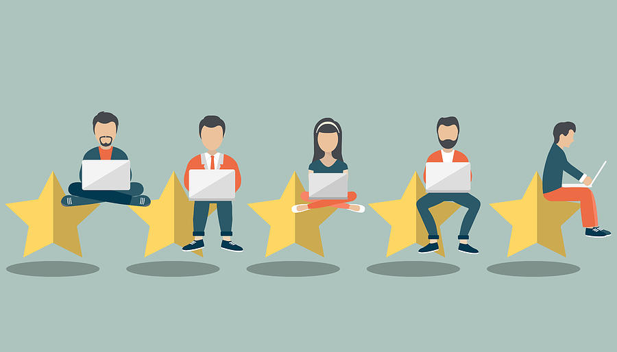 Concept of feedback, testimonials messages and notifications. Rating on customer service illustration. Five big stars with people sitting on them and giving reviews on their lap tops. Flat vector Drawing by Makyzz