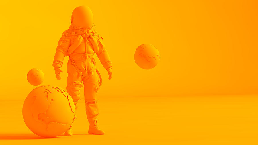 Concept stereoscopic image. Low poly earth and astronaut model isolated on orange background. Photograph by Sankai