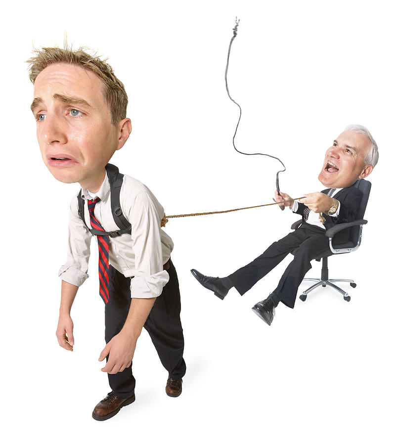 Conceptual Caricature Of Caucasian Businessman In Suit He Whips Employee Pulling Him Around In Chair Photograph by Photodisc