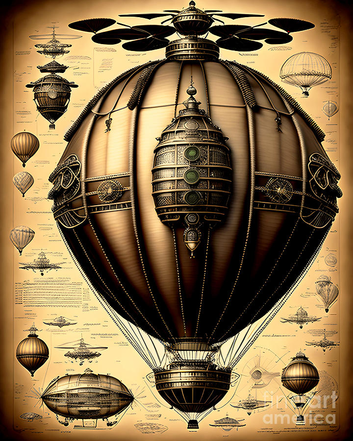 Conceptual Design Of The Steampunk Hot Air Balloon Airship Hybrid With Rotor circa 1890 20230328c Mixed Media by Wingsdomain Art and Photography