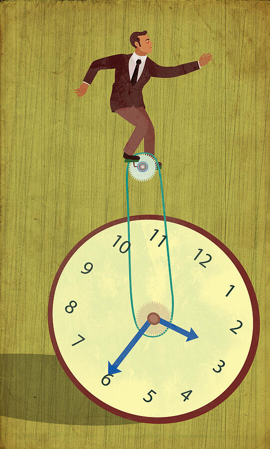 Conceptual illustration of businessman on unicycle of clock representing time management Drawing by Fanatic Studio