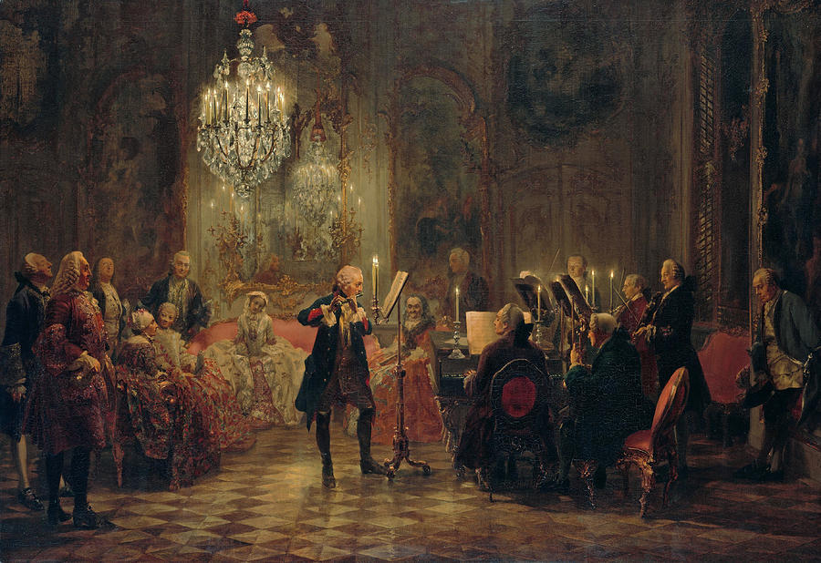 Concert for flute with Frederick the Great in Sanssouci. Oil on canvas, dated 1850-1852. Painting by Adolph Von Menzel