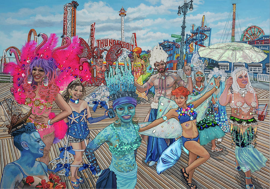 Coney Island Mermaids Pillow Version Painting by Bonnie Siracusa