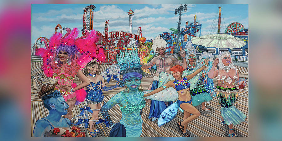 Coney Island Mermaids Towel Version 1 Painting by Bonnie Siracusa