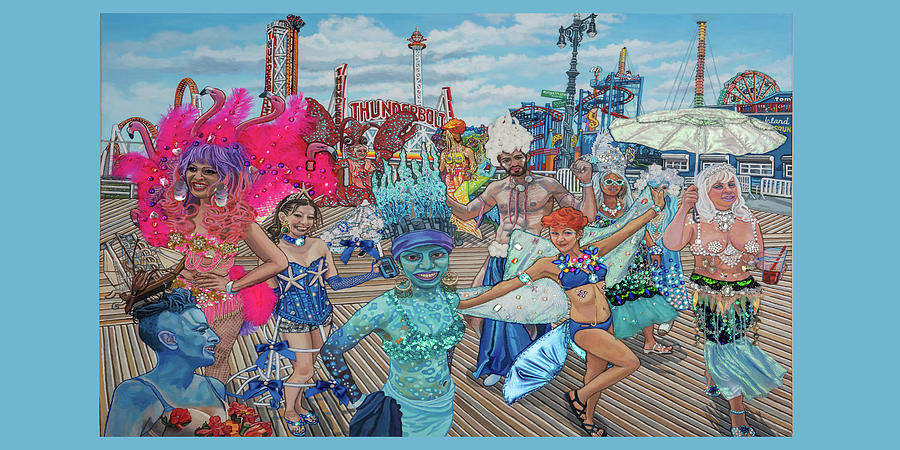 Coney Island Mermaids Towel Version 2 Painting by Bonnie Siracusa