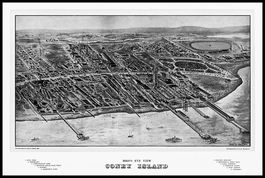 Coney Island New York Vintage Map Birds Eye View 1906 Black and White ...