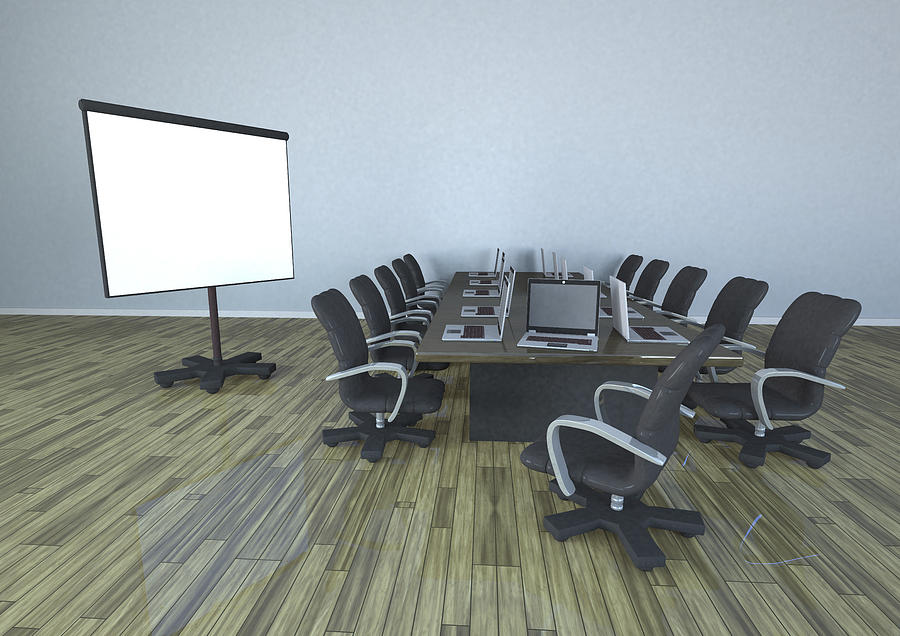 Conference room with table, laptops and flipchart Drawing by Westend61