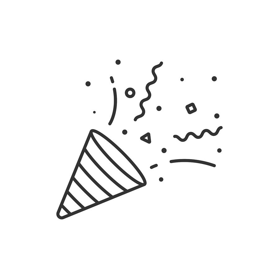Confetti and Party Popper Icon Outline Vector Design on White Background. Drawing by Designer29