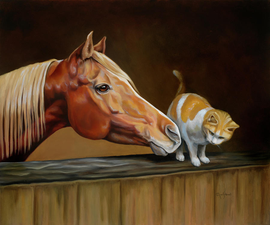 Confidante Chestnut Arabian Horse with Cat Painting by Renee Forth-Fukumoto