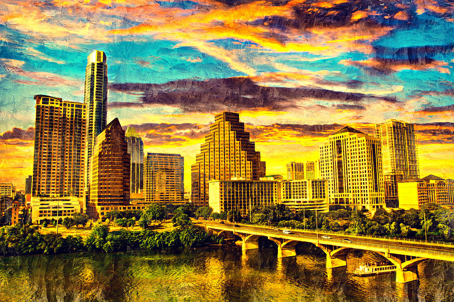 Congress Avenue bridge and downtown Austin skyline at sunset - digital painting Digital Art by Nicko Prints