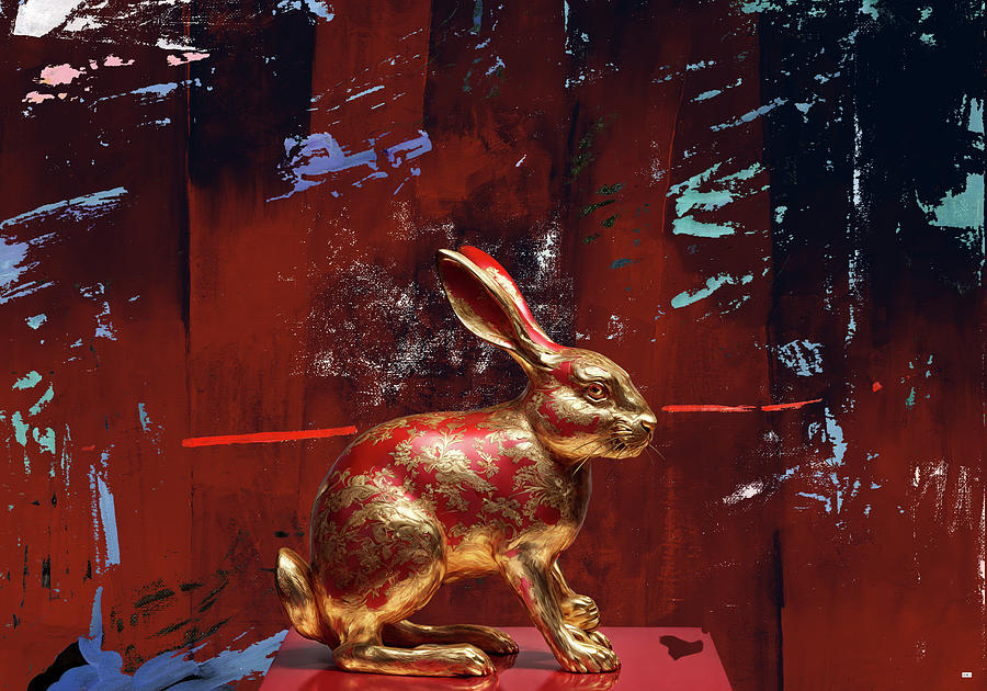 Rabbit Digital Art - Coniglio Rosso Oro by Guido Borelli