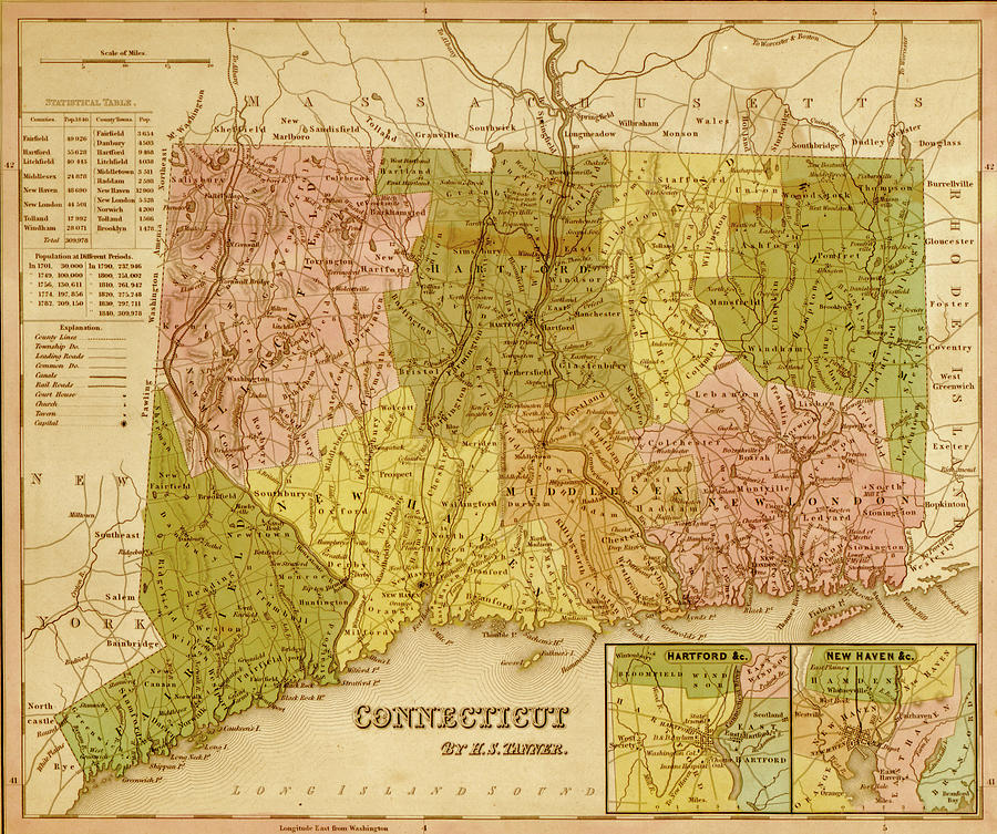 Connecticut 1844 Drawing by Vintage Maps - Fine Art America