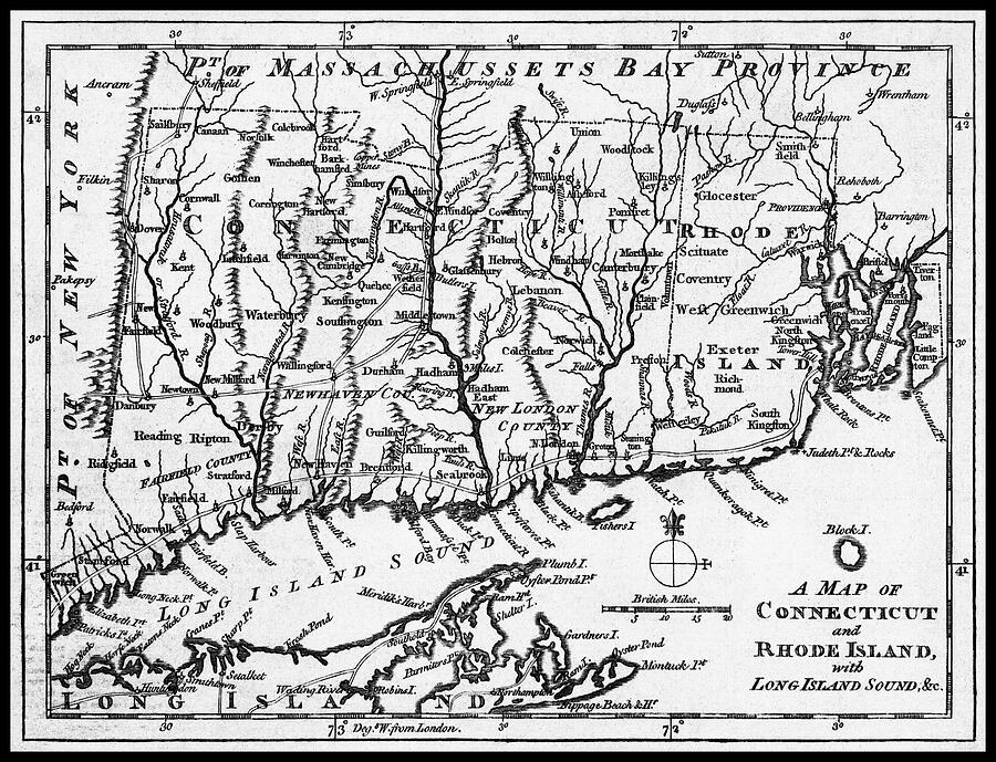 Connecticut and Rhode Island Antique Vintage Map 1776 Black and White ...