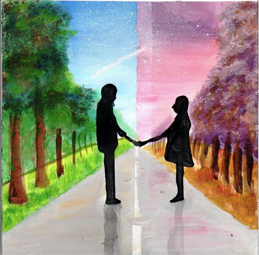 two people in love holding hands drawing