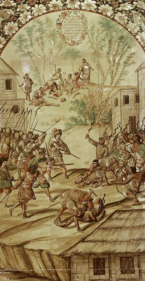 16th Century Painting - Conquest Of Mexico-indians Show Spanish Heads To The Soldiers. by JUAN y MIGUEL GONZALEZ PINTORES siglo XVII