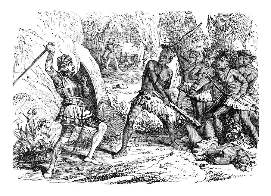Conquistador Pizarro in battle between Aztec and spanish troups 1863 Drawing by Grafissimo