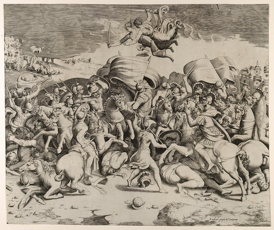 Constantine defeating the tyrant Maxentius, angels carrying swords fly above Drawing by Giulio Bonasone