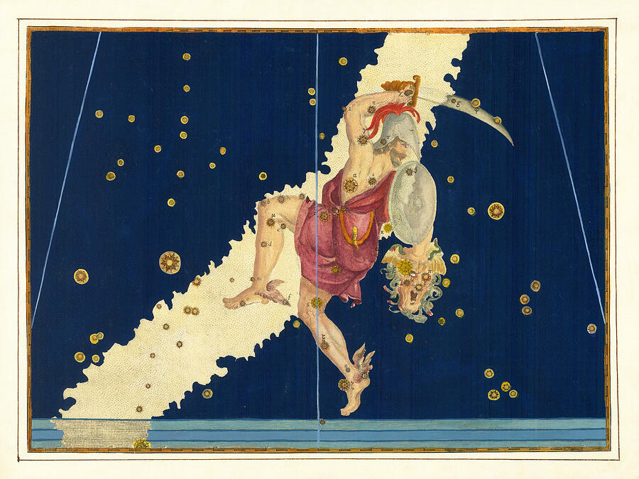 Constellation art - Perseus, star maps from Uranometria Mixed Media by Alexander Mair and Johann Bayer