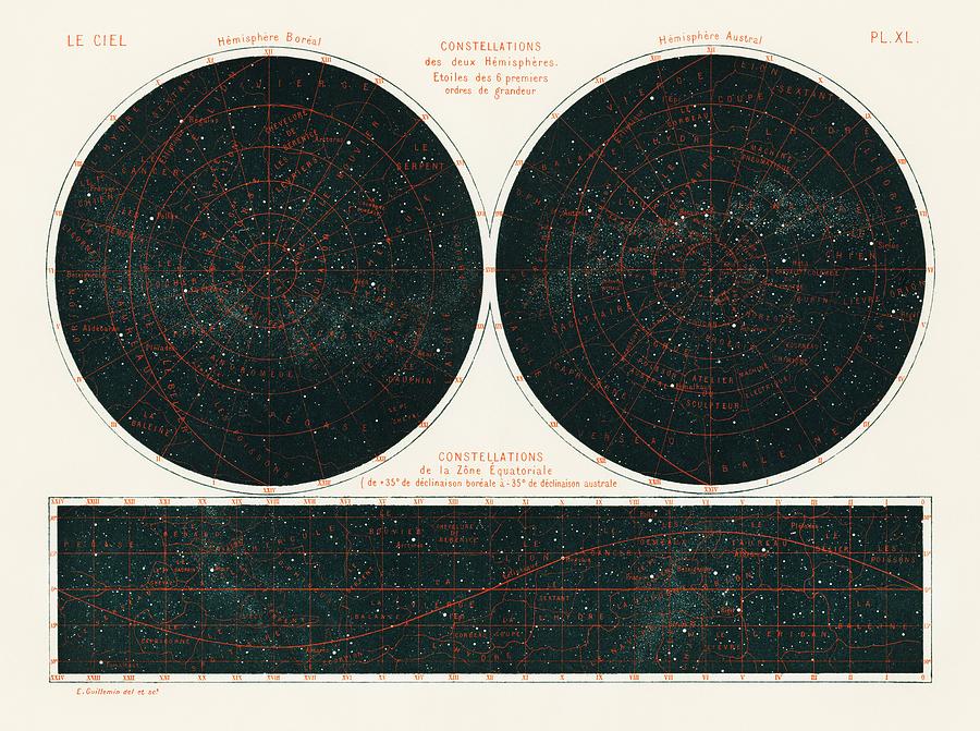 Map Painting - Constellations of the Two Hemispheres - 1877 from the book by Guillemin, Amedee, - 1826-1893, a cele by Les Classics