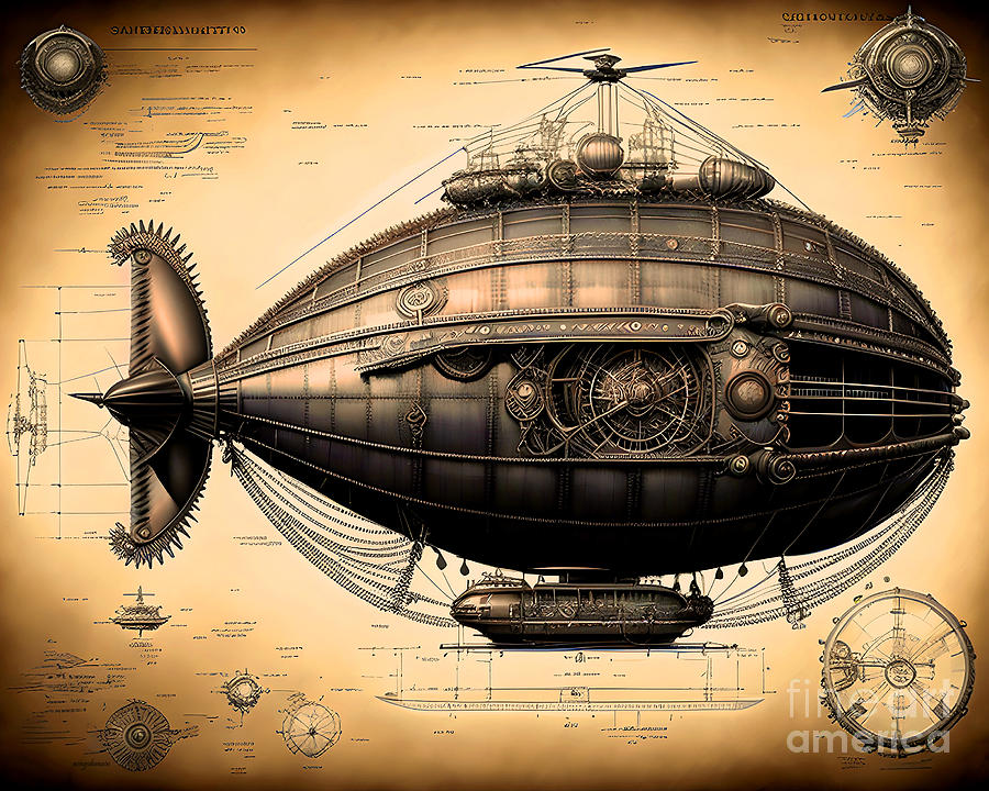 Fantasy Mixed Media - Construction Document Steampunk Airship Luxury Cruise Liner Model 20230329d circa 1888 by Wingsdomain Art and Photography