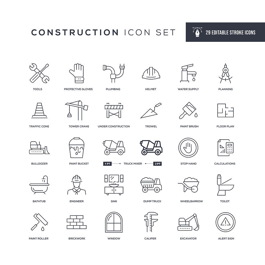 Construction Editable Stroke Line Icons Drawing by Enis Aksoy