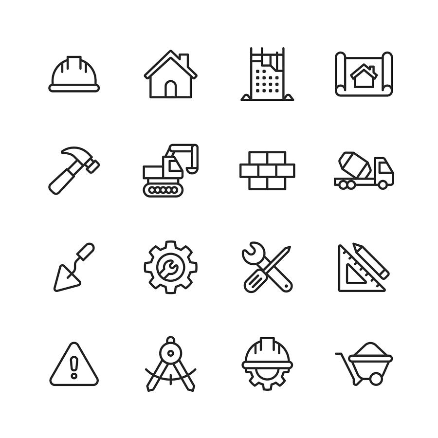 Construction Line Icons. Editable Stroke. Pixel Perfect. For Mobile and Web. Contains such icons as Construction, Repair, Renovation, Blueprint, Helmet, Hammer, Brick, Work Tools, Spatula. Drawing by Rambo182