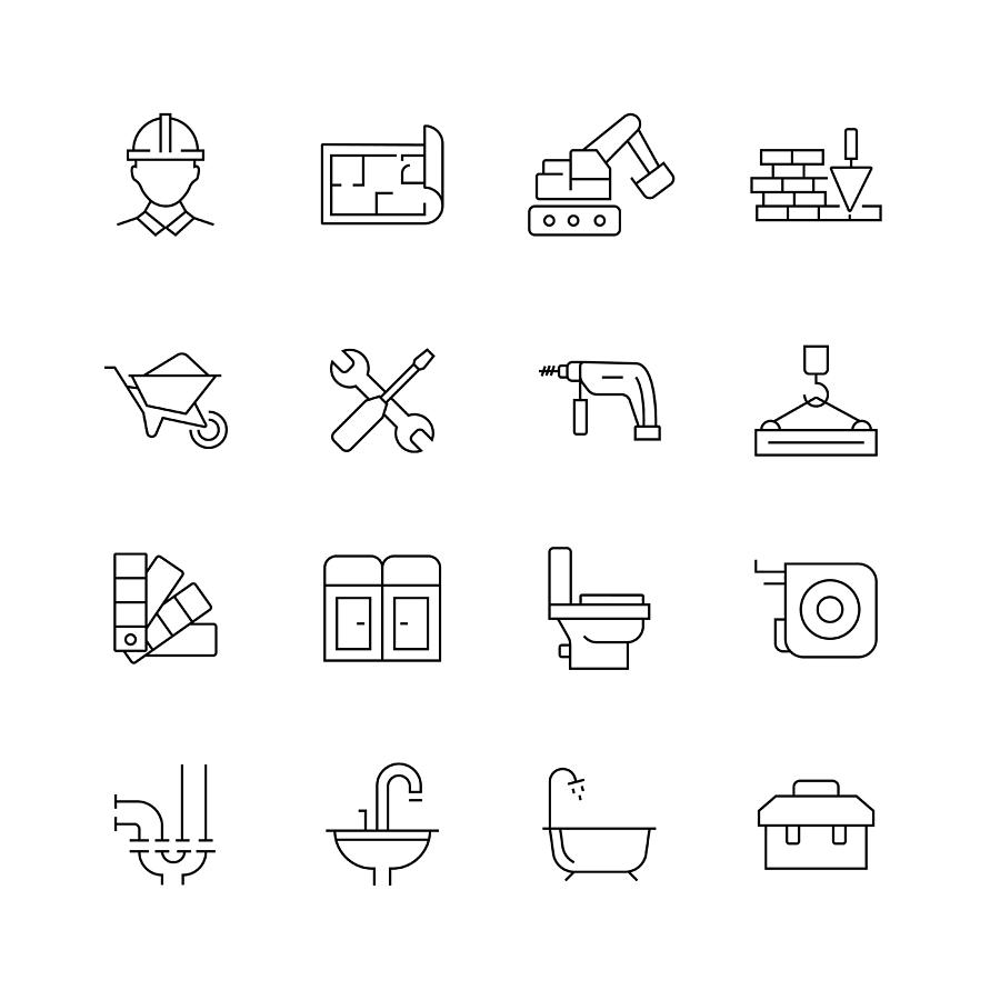 Construction Related - Set of Thin Line Vector Icons Drawing by Cnythzl