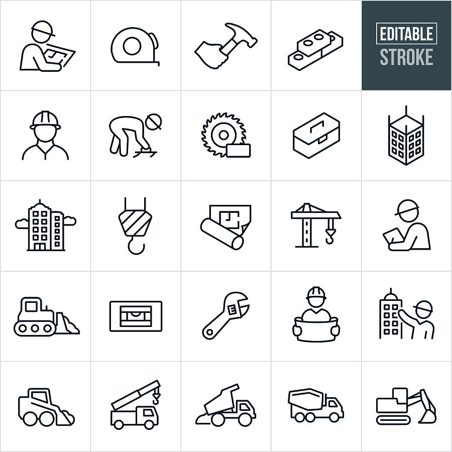 Construction Thin Line Icons - Editable Stroke Drawing by Appleuzr