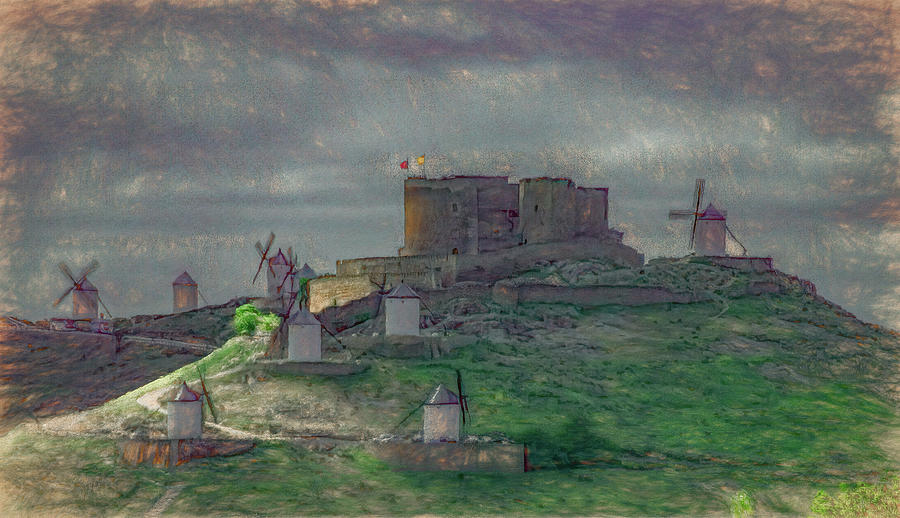 Consuegra Castle and Windmills, Painterly Texture Photograph by Marcy Wielfaert
