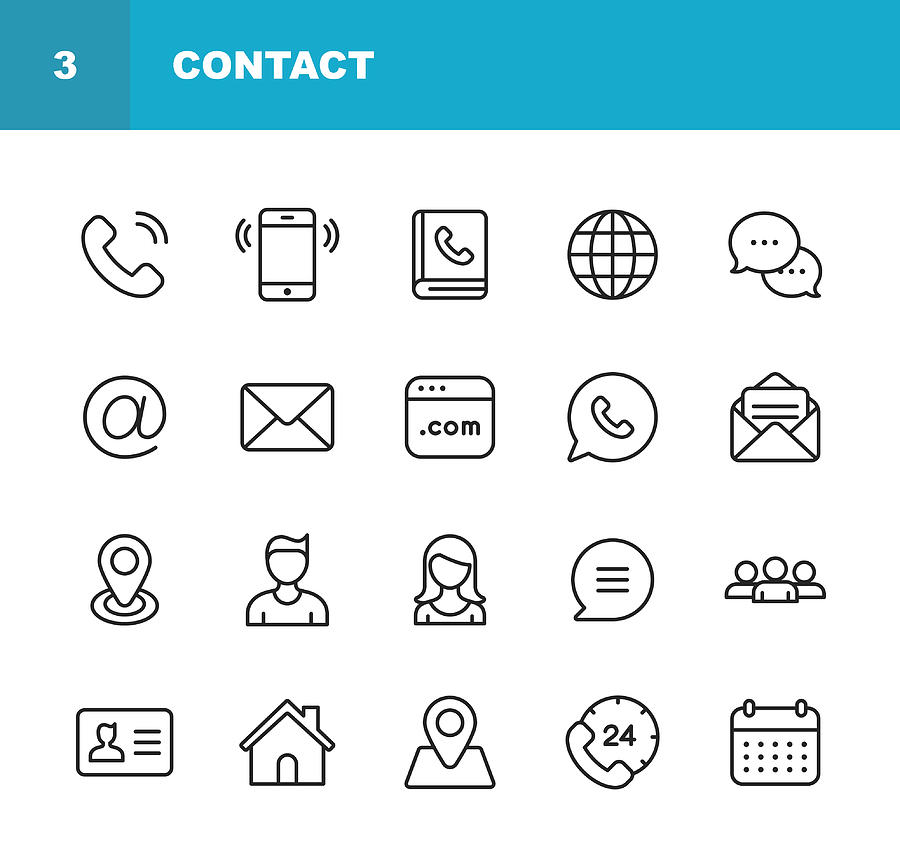 Contact Line Icons. Editable Stroke. Pixel Perfect. For Mobile and Web. Contains such icons as Smartphone, Messaging, Email, Calendar, Location. Drawing by Rambo182