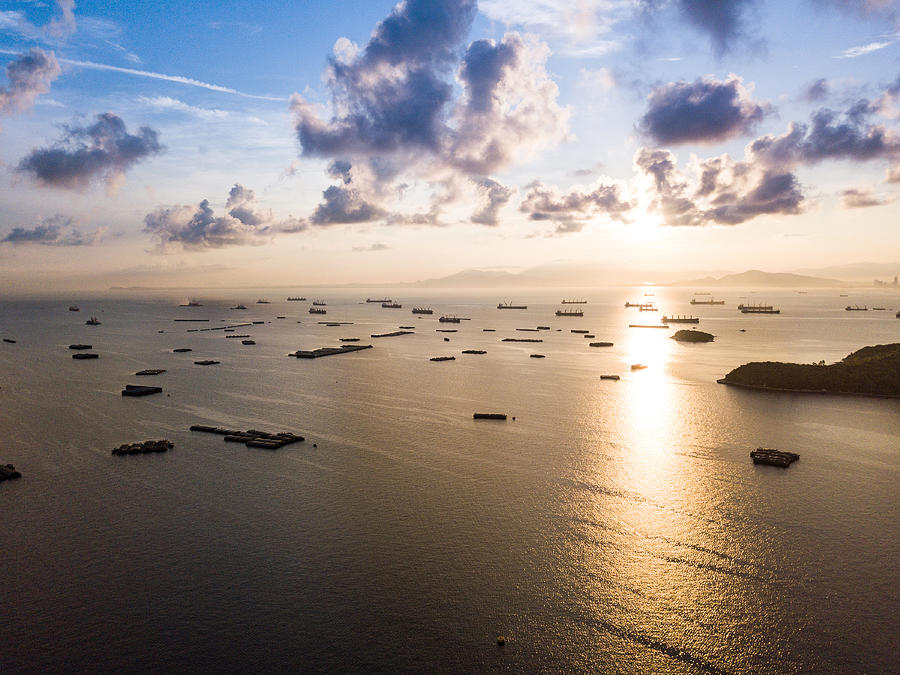 Container Ship around Koh Sichang during Sunrise. Photograph by Kampee Patisena
