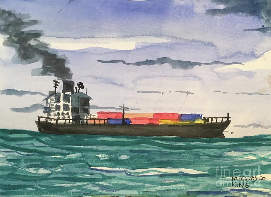 Container Ship Pulling into Tampa Bay Painting by Mike King