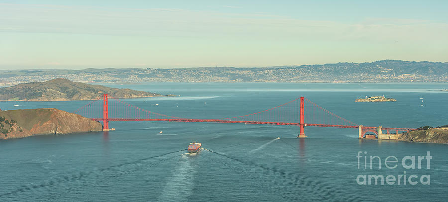Container Ship Under the Golden Gate Bridge in San Francisco Aer Photograph by David Oppenheimer