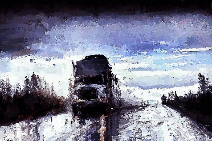 Container truck driving in rainstorm Digital Art by Tatiana Travelways
