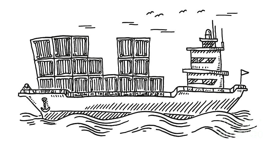 Black And White Drawing - Container Vessel Freight Transportation Drawing by Frank Ramspott