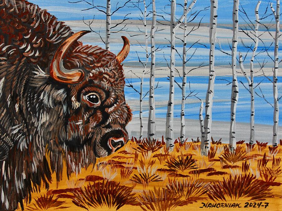 Bison Painting - Contemplating Bison by Mike Nahorniak